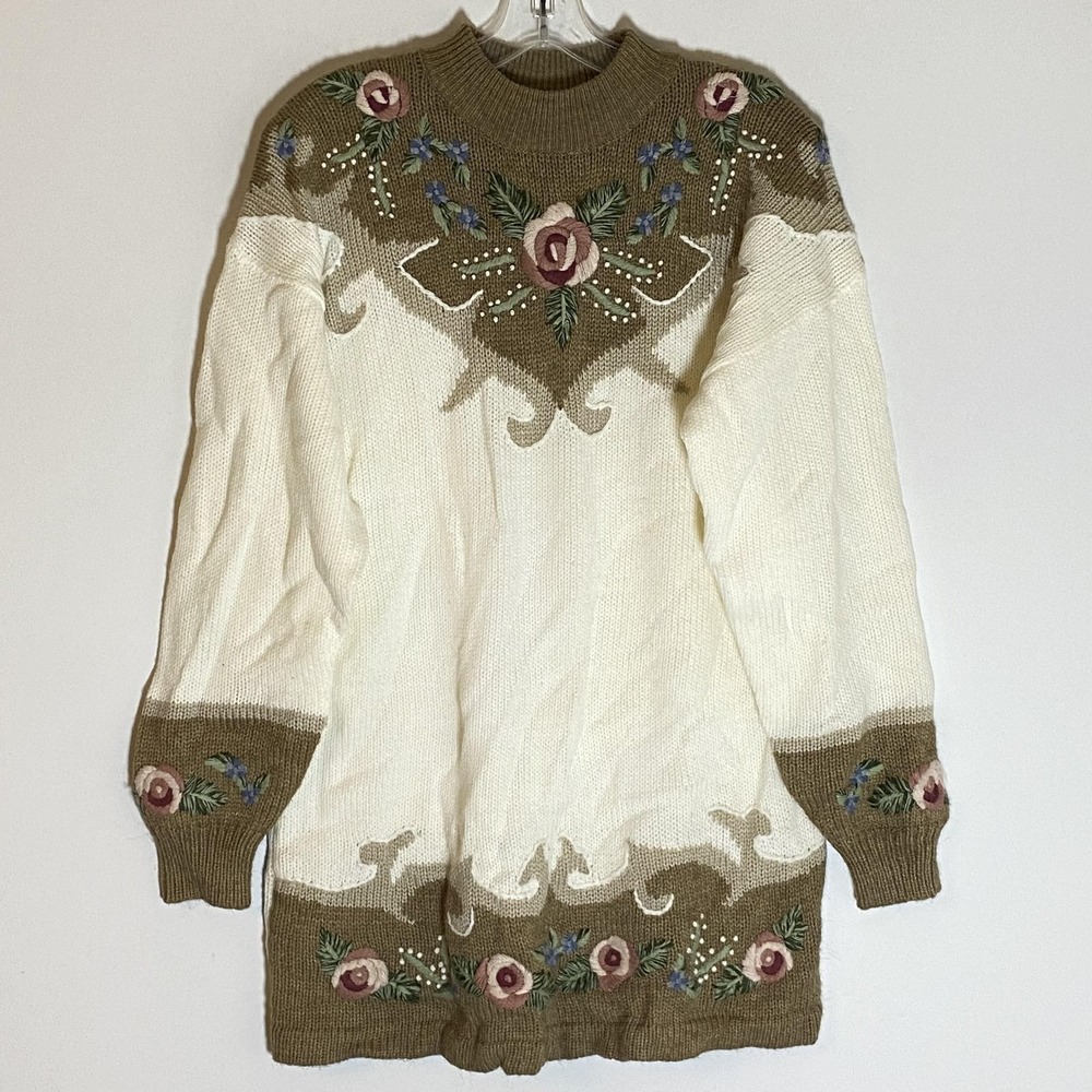 VTG Dana Scott Sweater Womens Large Ivory Olive Floral Embroidered Cottagecore